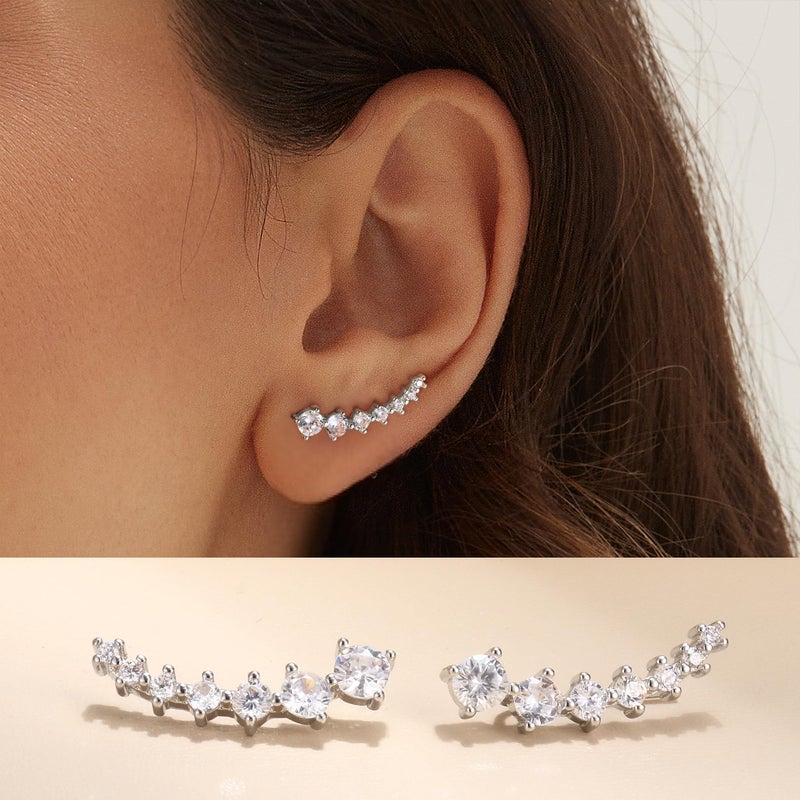 FINREZIO 6Pairs Ear Cuffs Climber Hoop Earring CZ Arrow Crawler Stud Earring Jacket for Women Silver - Image 2